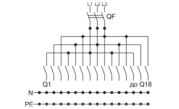 Типовая однолинейная схема щита освещения (ЩО) на 18 групп.